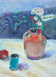Oil painting of a pink jug with red and white flowers, a teal cup, and a red apple on a table, against a purple and blue background.