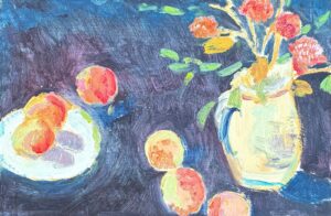 Oil painting of apples on a white plate and scattered across a dark blue table, with a jug of orange flowers alongside.