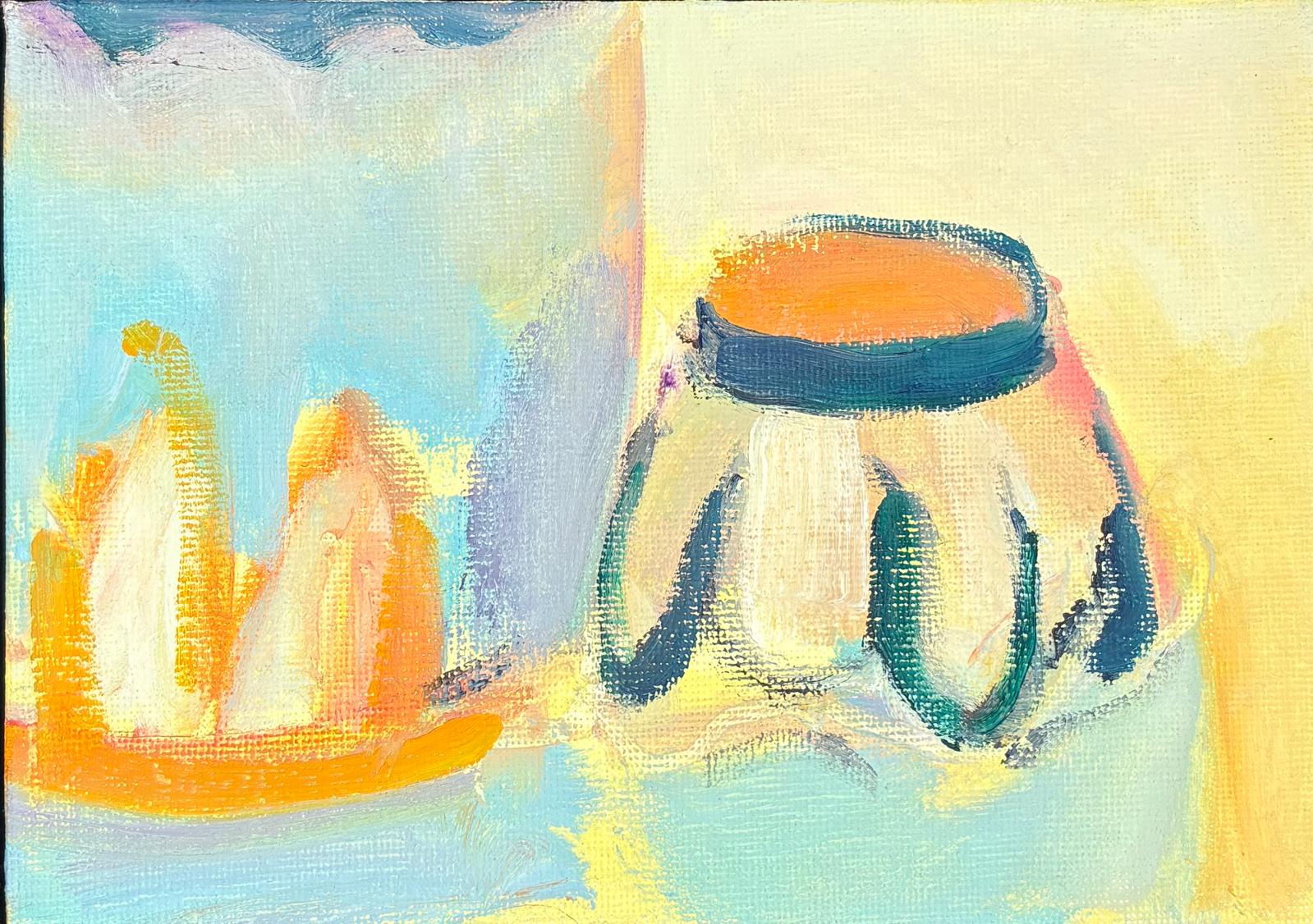 Abstract oil painting of two pots in warm orange and cream tones, against a pale blue and yellow background.