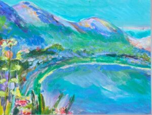 Oil painting of turquoise mountains and sea in Corfu, with colourful wildflowers in the foreground.