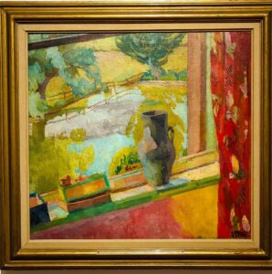 Painting by Vanessa Bell of a view from a window, with a dark jug on the windowsill, a red patterned curtain, and a garden and river visible outside.