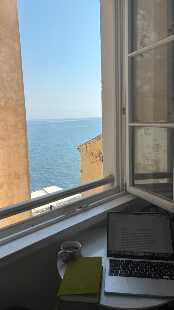 Rosie Parmley's writing desk overlooking the sea in Corfu.